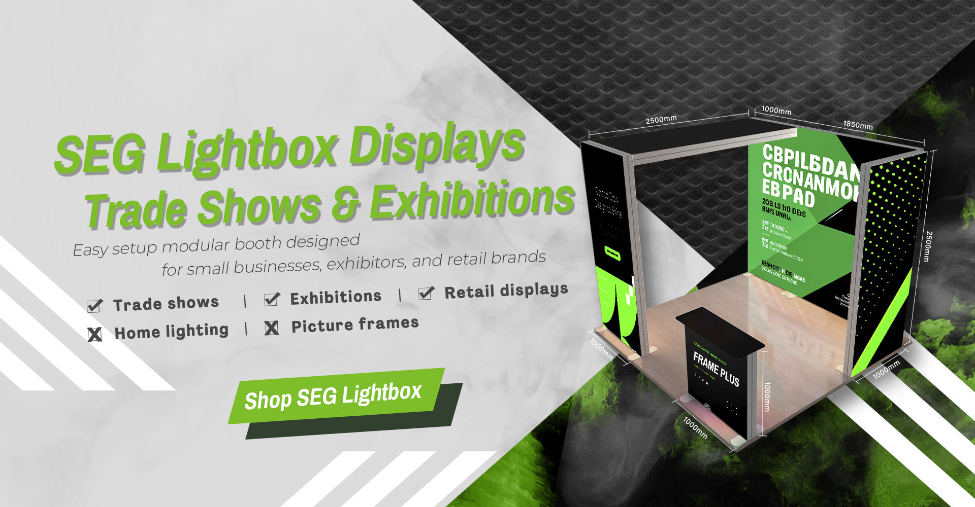Frame Plus offers exhibitors booth design solutions for trade shows and online sales of its freestanding lightbox.